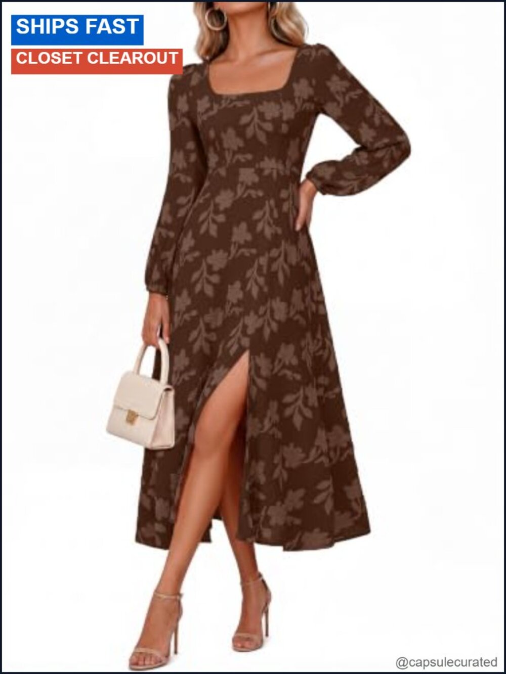 Long Sleeve Maxi Dress Square Neck Boho Floral Wedding Guest